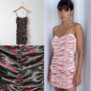 Urban Outfitters Iris Satin Ruched Mini Dress Black Red Rose Floral Size Medium